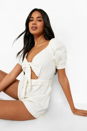 Boohoo Tie Front Cut Out Twill Playsuit