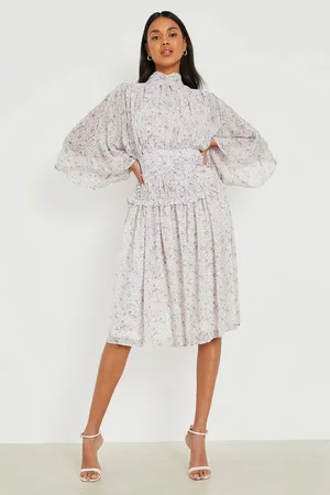 Boohoo Floral High Neck Pleat Detail Midi Dress