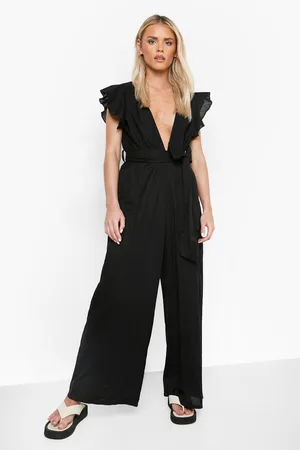 Boohoo Petite Linen Plunge Ruffle Sleeve Jumpsuit