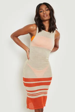 Boohoo Sheer Knit Contrast Stripe Hem Midi Dress