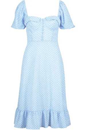 Boohoo Puff Sleeve Bustier Ruffle Hem Polka Dot Midi