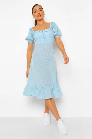 Boohoo Puff Sleeve Bustier Ruffle Hem Polka Dot Midi