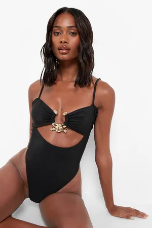 Boohoo Gold Trim Cut Out Strappy Swimsuit