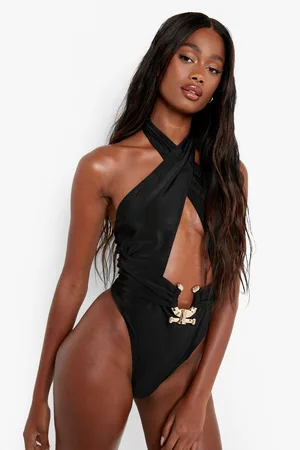 Boohoo Gold Trim Halterneck Cut Out Swimsuit
