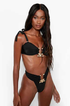 Boohoo Gold Trim Tie Shoulder Strappy Bikini Top