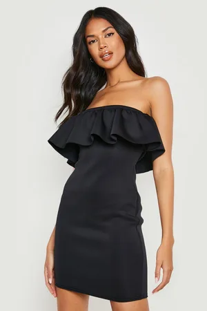 Boohoo Bonded Scuba Bardot Ruffle Mini Dress