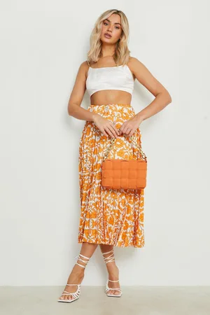 Boohoo Porcelain Print Satin Pleated Midi Skirt