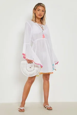 Boohoo Pom Pom Lace Up Beach Dress
