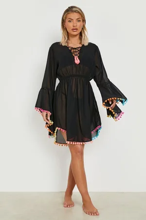 Boohoo Pom Pom Lace Up Beach Dress