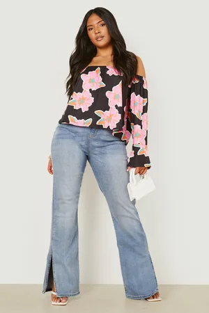 Boohoo Plus Floral Off The Shoulder Flare Sleeve Top