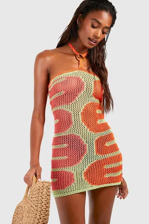 Boohoo Crochet Halter Neck Square Ring Beach Dress