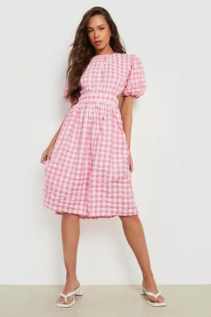 Boohoo Dame Hverdagskjoler - Textured Gingham Puff Sleeve Midi Dress