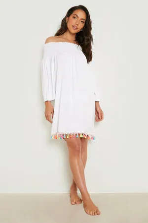 Boohoo Tassel Hem Shirred Bardot Beach Dress