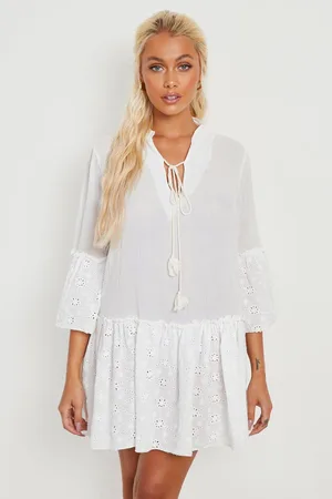 Boohoo Broderie Tassel Shift Beach Dress