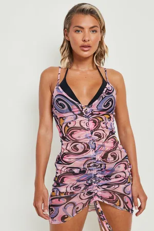 Boohoo Abstract Swirl Ruched Strappy Beach Dress