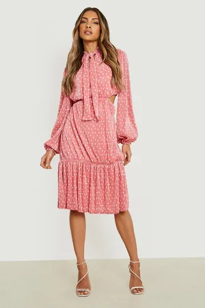 Boohoo Plisse Polka Dot Tie Neck Cut Out Midi Dress