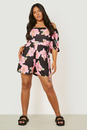 Boohoo Plus Floral Print Puff Sleeve Playsuit
