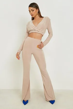 Boohoo Slinky Plunge Crop & Wide Leg Trousers