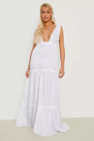 Boohoo Linen Tie Plunge Maxi Beach Dress