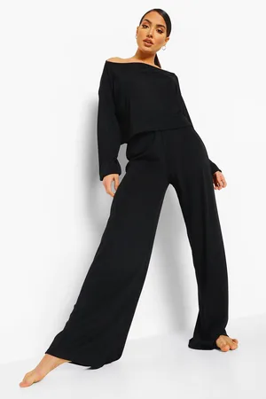 Boohoo Rib Slash Neck Loungewear Set