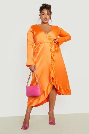 Boohoo Plus Satin Ruffle Wrap Dress