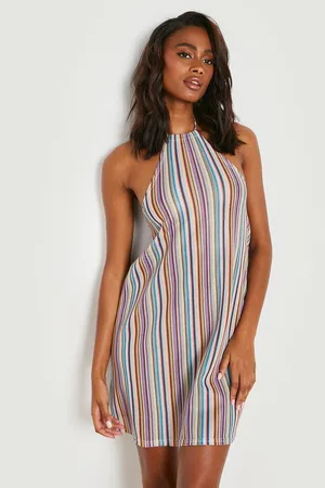 Boohoo Stripe Knitted Halterneck Shift Beach Dress