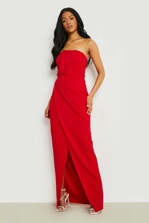 Boohoo Tall Bandeau Wrap Detail Split Maxi Dress