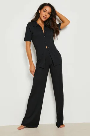 Boohoo Rib Collar Button Up Lounge Set