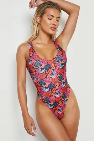 Boohoo 2 Pack Tropical Print & Plain Scoop Swimsuit