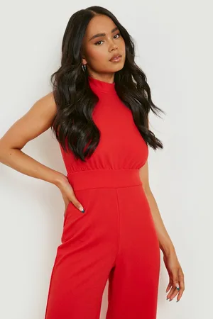 Boohoo Petite High Neck Open Back Flared Jumpsuit