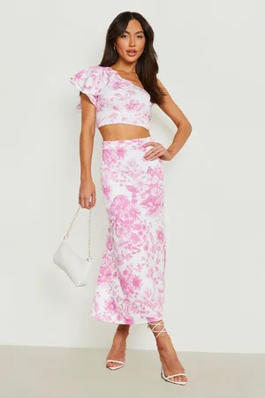 Boohoo Floral Ruffle Shoulder Crop & Midi Skirt