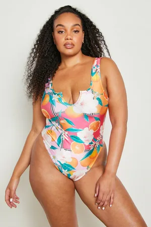 Boohoo Plus Fruit Print Notch Neck Swimsuit