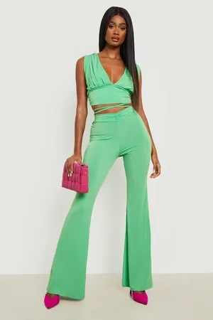 Boohoo Ruched Plunge Crop & Flared Tie Waist Trouser