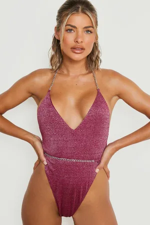 Boohoo Shimmer Plunge Chain Waist High Leg Swimsuit