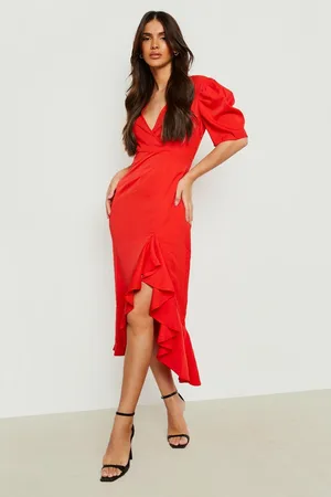 Boohoo Ruffle Puff Sleeve Hi Low Hem Midaxi Dress