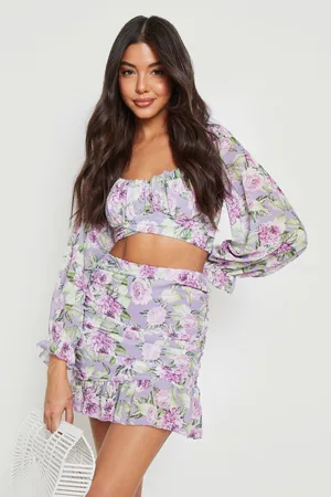 Boohoo Chiffon Floral Puff Sleeve Crop & Mini Skirt