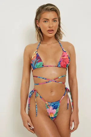 Boohoo Tropical Tie Waist Triangle Bikini Top