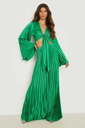 Boohoo Satin Pleated Sleeve Knot Front Crop