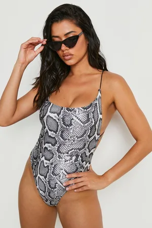 Boohoo Mono Snake Skinny Straps Open Back Swimsuit