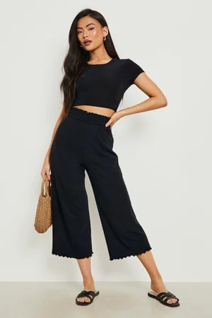 Boohoo Shirred Waist Ribbed Culotte Trouser