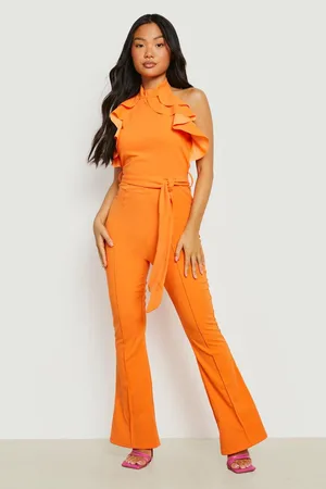 Boohoo Petite High Neck Ruffle Racer Flare Jumpsuit
