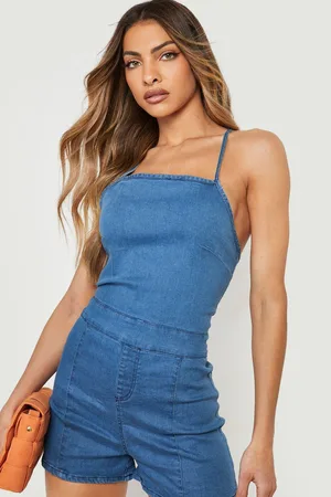 Boohoo Strappy Stretch Denim Playsuit