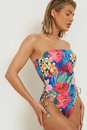 Boohoo Tropical Ruched Cut Out Bandeau Swimsuit