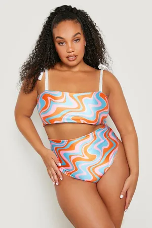 Boohoo Plus Wave Print Tie Shoulder Bikini