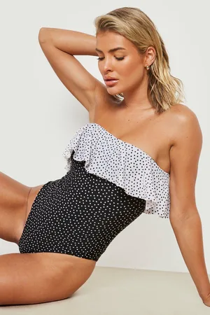 Boohoo Polka Dot Contrast Bandeau Frill Swimsuit