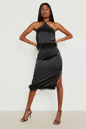 Boohoo Split Side Feather Trim Midi Skirt