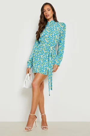 Boohoo Floral High Neck Belted Shift Dress