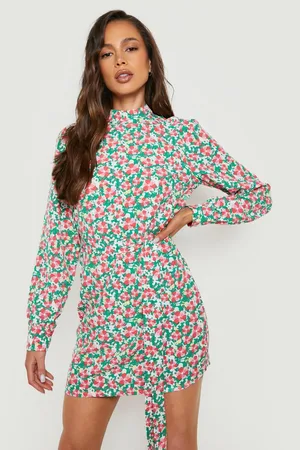 Boohoo Floral High Neck Belted Shift Dress
