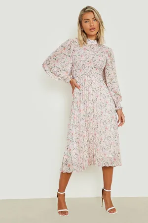 Boohoo Floral Shirred High Neck Pleated Midi Dress
