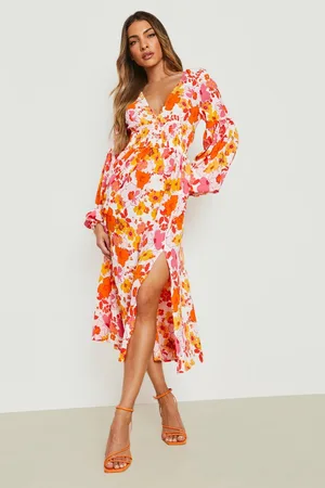 Boohoo Floral Plunge Shirred Midaxi Dress